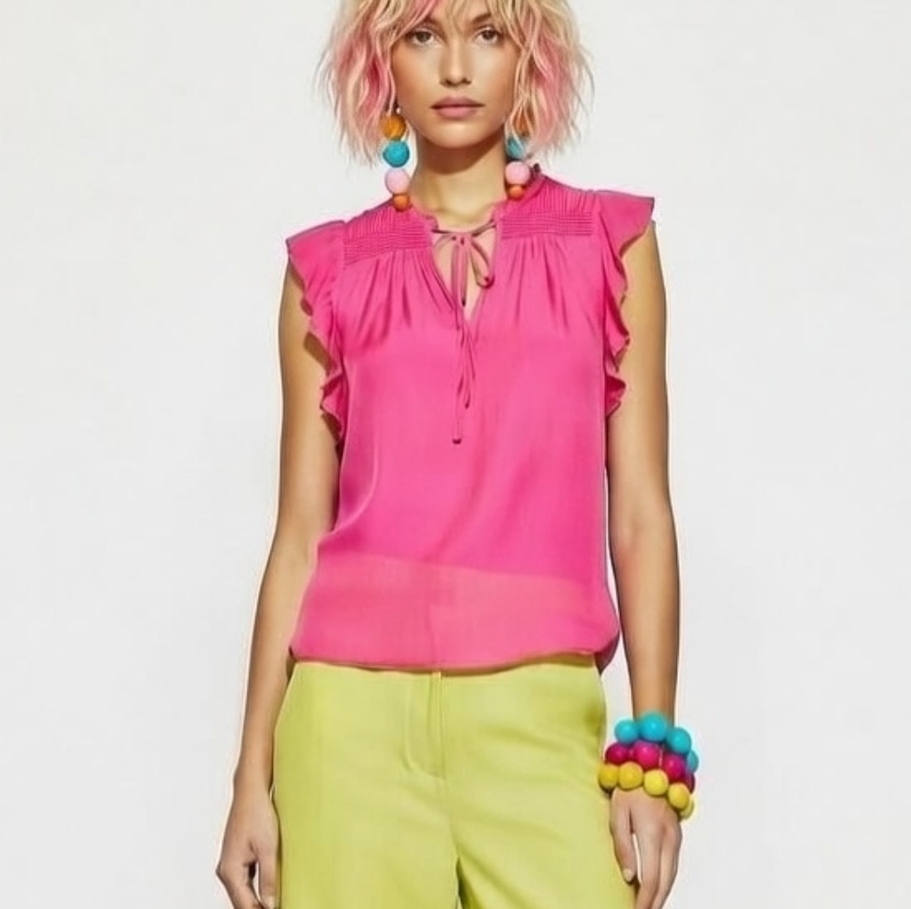 🔥 Hot Pink Ruffle Flutter Sleeve Tie Front Blouse - Saturated Color Flowy Top L